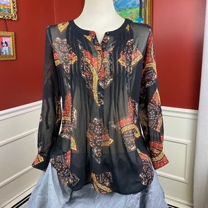 Daniel Rainn Long sleeve, Pleated, Printed Blouse